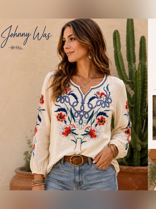 Johnny Was Tops - Johnny Was Embroidered Floral Boho Cotton Peasant Top Cream Small